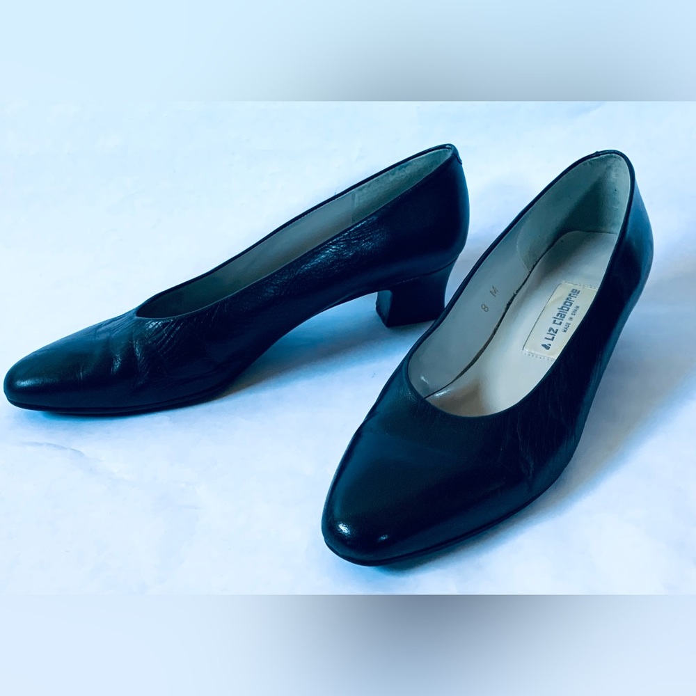Liz Claiborne Shoes 8M VINTAGE Slip On Low Heels Pump Navy Blue Leather Spain
